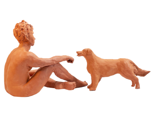 Boy and his Dog, terracotta, 10 x 21 x 9 in.